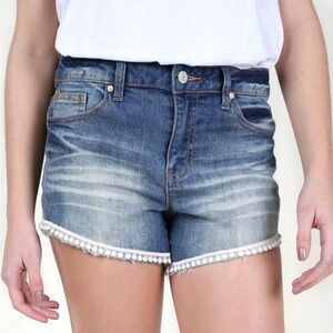 Altar’d State Jean Shorts Women’s Size 26 Blue Denim Pom Pom Trim Dark Wash
